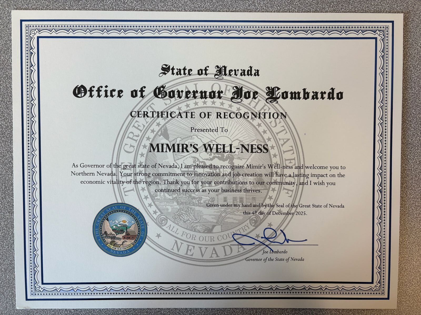 Mimir's Well-ness Recognized by Governor Joe Lombardo