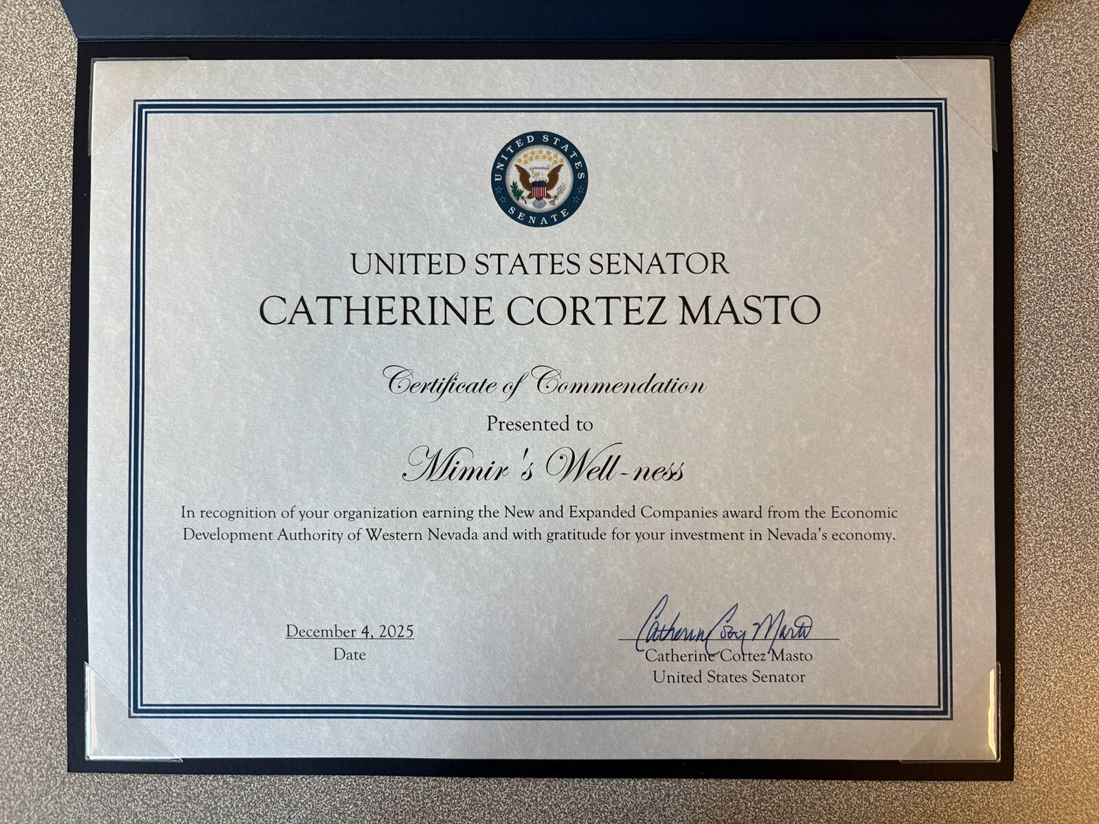 Mimir's Well-ness Recognized by United States Senator Catherine Cortez Masto
